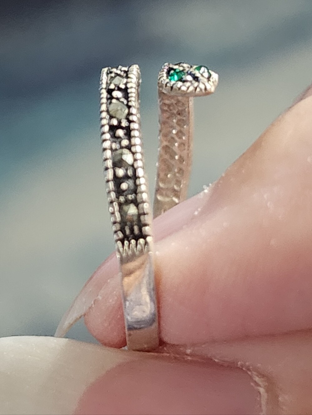 Sterling Silver Marcasite Snake Wrap Ring with Green Stone Eyes - Picture 4 of 12